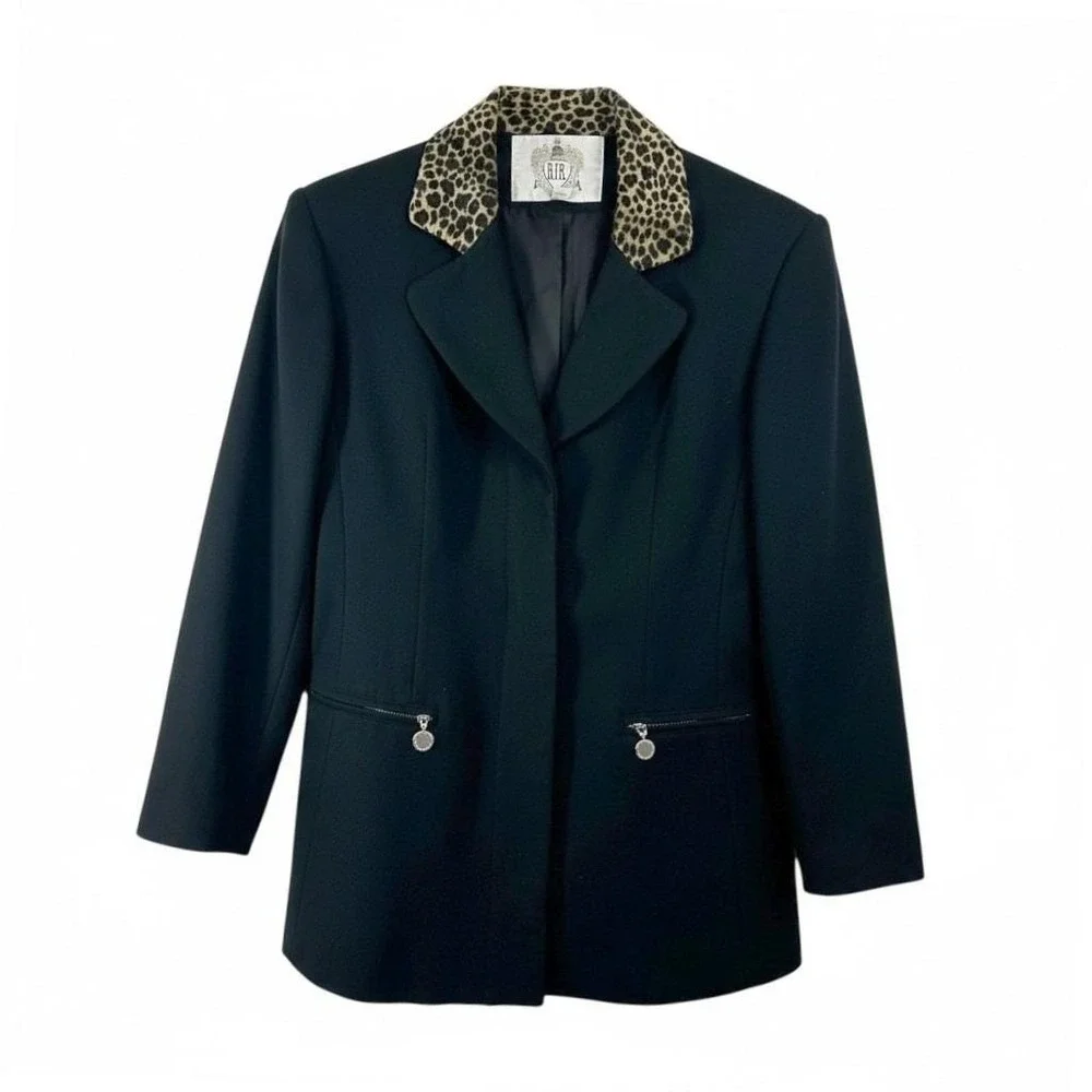 Vintage Black Wool Winter Coat Leopard Collar Quiet‎ Luxury Parisian Chic 9 10